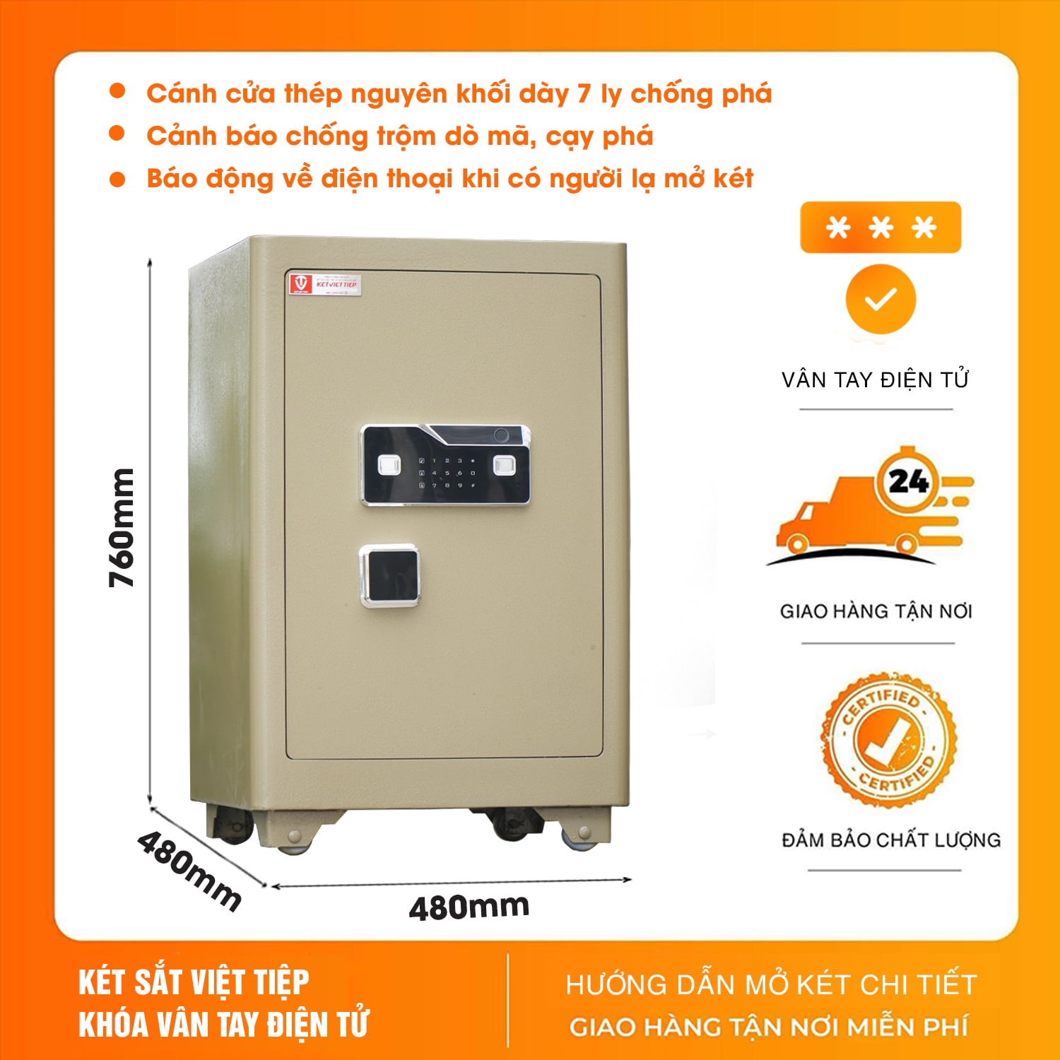 Két Sắt Việt Tiệp KSC76VTDT Vân Tay Điện Tử Cảnh Báo Điện Thoại
